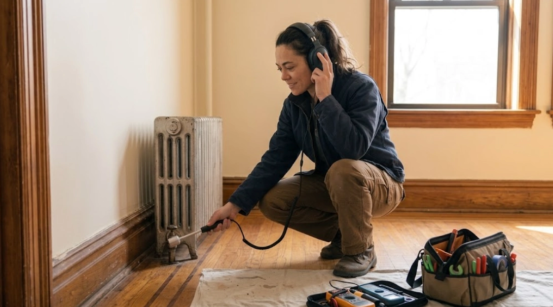 Plumber using acoustic equipment for leak detection Morrisania Bronx