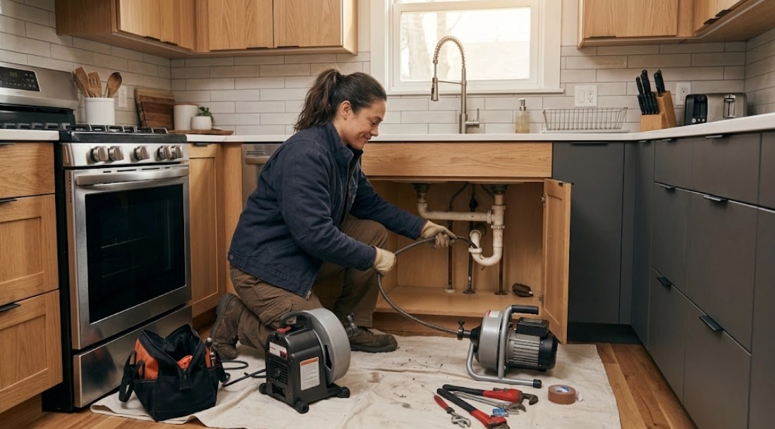 Plumber using electric drum machine for drain cleaning Morrisania Bronx