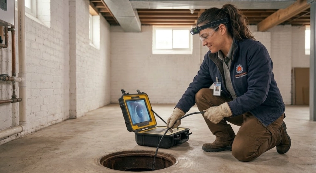 Technician monitoring video screen during sewer line repair Morrisania Bronx camera inspection