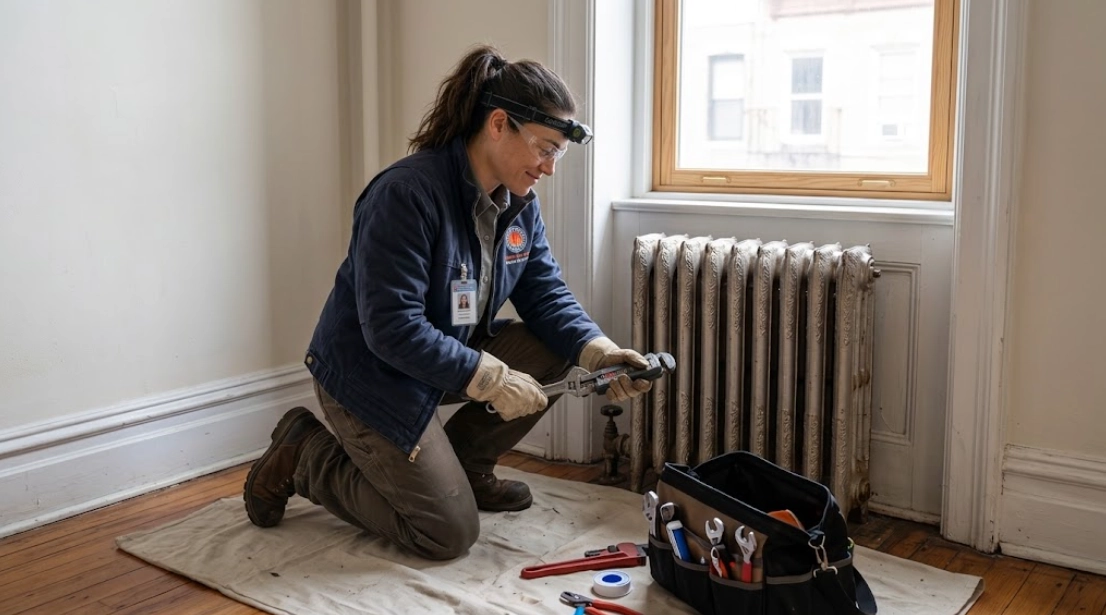 Plumber performing radiator repair Morrisania Bronx on steam supply valve