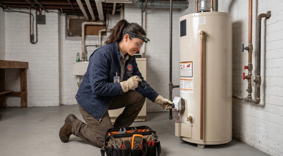 Plumber testing gas control valve for water heater repair Morrisania Bronx